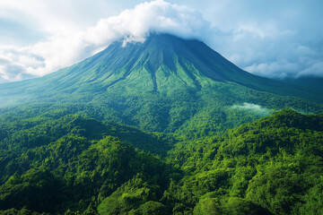 Fototapeta premium Volcan endormi avec fumée légère et végétation luxuriante