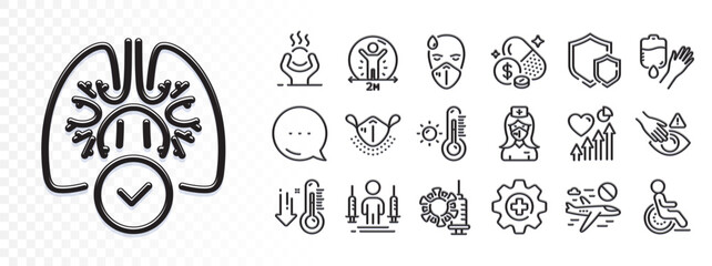 Heart beat, Dont touch and Weather thermometer line icons for web app. Glare of light effect. Message icon. Pack of Lungs, Medical mask, Low thermometer pictogram icons. Vector