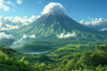 Fototapeta premium Volcan endormi avec fumée légère et végétation luxuriante