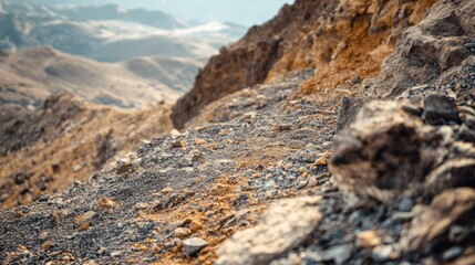 Rugged mountain terrain with rocky cliffs and distant peaks in arid landscape