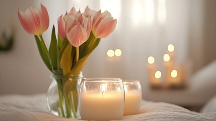 Pink tulips in glass vase with lit candles on soft bed.