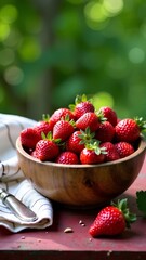 Sweet summer ripe strawberries on wooden bowl outdoor