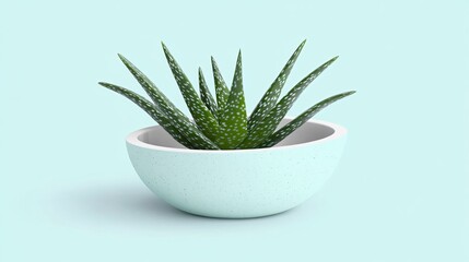 Fototapeta premium Pastel Blue Bowl with Spotted Aloe Vera Plant Minimalist Succulent
