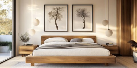 Modern minimalist bedroom, low platform bed, warm wood tones, pendant lights, nature-inspired wall art, beige walls, cozy bedding, sleek design, zen atmosphere, muted colors, clean lines, Japanese-ins