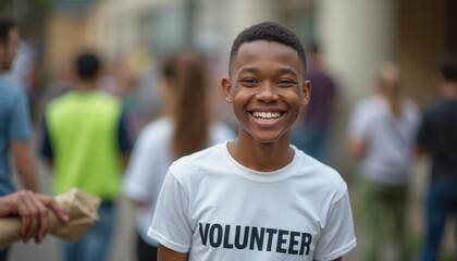 A cheerful young Black boy wearing a white VOLUNTEER t-shirt smiles brightly, radiating positivity amidst a bustling community event. His infectious smile captures the spirit of giving and community