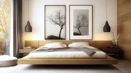 Modern minimalist bedroom, low platform bed, warm wood tones, pendant lights, nature-inspired wall art, beige walls, cozy bedding, sleek design, zen atmosphere, muted colors, clean lines, Japanese-ins