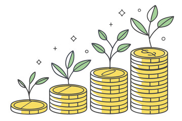 Gold coins stacks, green plant sprouts, financial growth concept, wealth accumulation, investment returns, sparkles, minimalist illustration, flat design, yellow and green color scheme, white backgrou