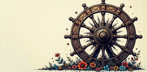 Fototapeta premium Black ink mandala; vintage wheel & tools, intricate line art, simple, swirl