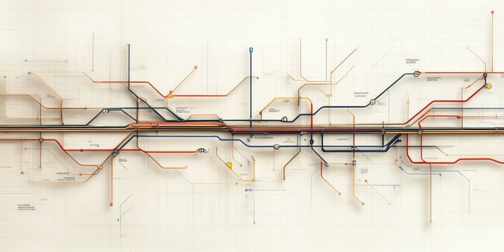 Intricate subway map design with multiple colorful lines on an off-white background. navigation and connectivity.