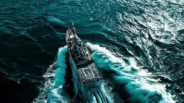 Corvette Ship in Action: Naval Power and Precision. Corvette-class warship speeding through the water, embodying strength. Military, maritime, and technology-themed campaigns.