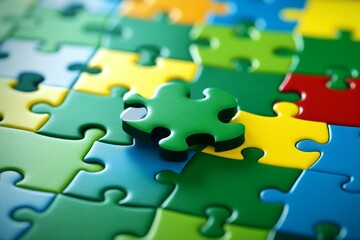 Obraz premium Close up of colorful jigsaw puzzle with last piece being put into place, representing problem solving and success