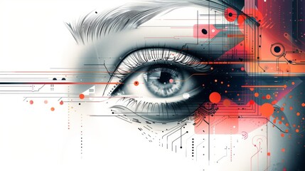 Futuristic digital art with close-up human eye and abstract circuitry elements