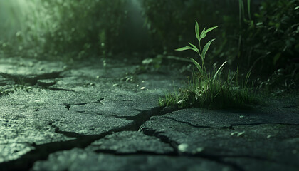 Fototapeta premium Resilient grass sprouting through cracks in an old road surface, symbolizing perseverance and growth -