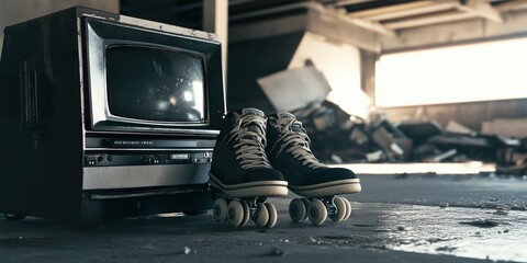 Scene with a pair of roller skates laying askew next to a wall