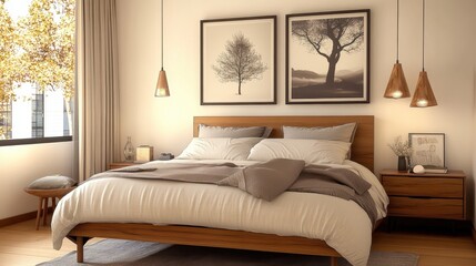 Modern minimalist bedroom, low platform bed, warm wood tones, pendant lights, nature-inspired wall art, beige walls, cozy bedding, sleek design, zen atmosphere, muted colors, clean lines, Japanese-ins