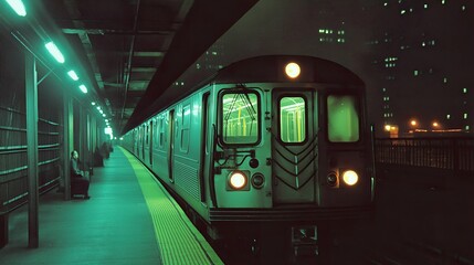 Fototapeta premium New York Subway Train at Night on 35mm Film
