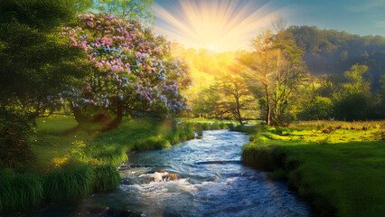 Obraz premium Tranquil Spring Stream at Sunrise with Blooming Cherry Tree