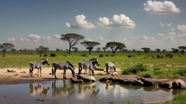 African safari sunny day with clouds, zebras drinking water at a watering hole, view from the ground,