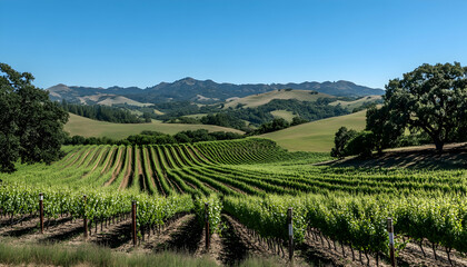 Fototapeta premium Rows of vibrant green vineyards cascade over rolling hills, interspersed with cypress trees under a clear blue sky, embodying a picturesque rural landscape -