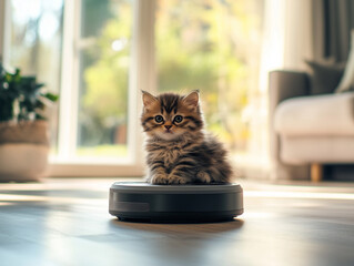 Lindo gato juega sobre una aspiradora en el sal&oacute;n de una casa