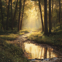 Fototapeta premium The Sunlit Interlude: Nature's Breath Between the Whispering Trees
