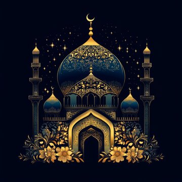 Elegant mosque dome silhouette with decorative floral patterns and glowing accents 