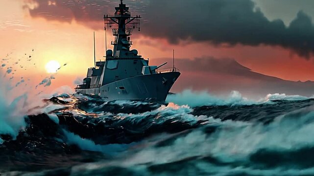 Corvette Ship in Action: Naval Power and Precision. Corvette-class warship speeding through the water, embodying strength. Military, maritime, and technology-themed campaigns.