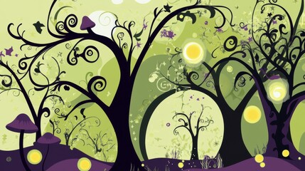 Enchanted Forest Artwork: A Whimsical Landscape with Artistic Trees and Abstract Elements