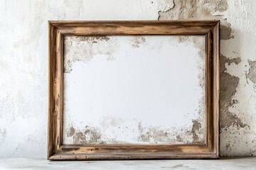 Fototapeta premium Rustic wooden frame leaning against a weathered wall, inviting creativity and artistic expression in a serene setting