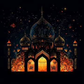 Elegant mosque dome silhouette with decorative floral patterns and glowing accents 