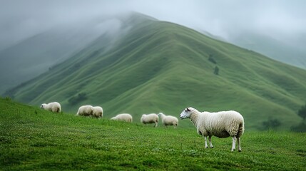 Fototapeta premium Lush green hills with grazing sheep under a cloudy sky in a serene countryside setting