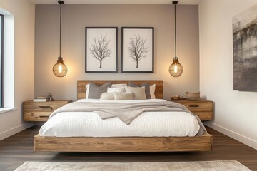 Modern minimalist bedroom, low platform bed, warm wood tones, pendant lights, nature-inspired wall art, beige walls, cozy bedding, sleek design, zen atmosphere, muted colors, clean lines, Japanese-ins