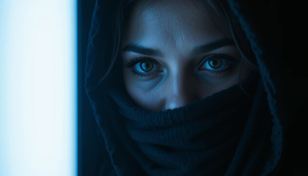 Portrait of a mysterious woman wearing a hood, staring intensely with captivating eyes, evoking intrigue and drama under moody, low-key lighting that enhances the atmosphere.