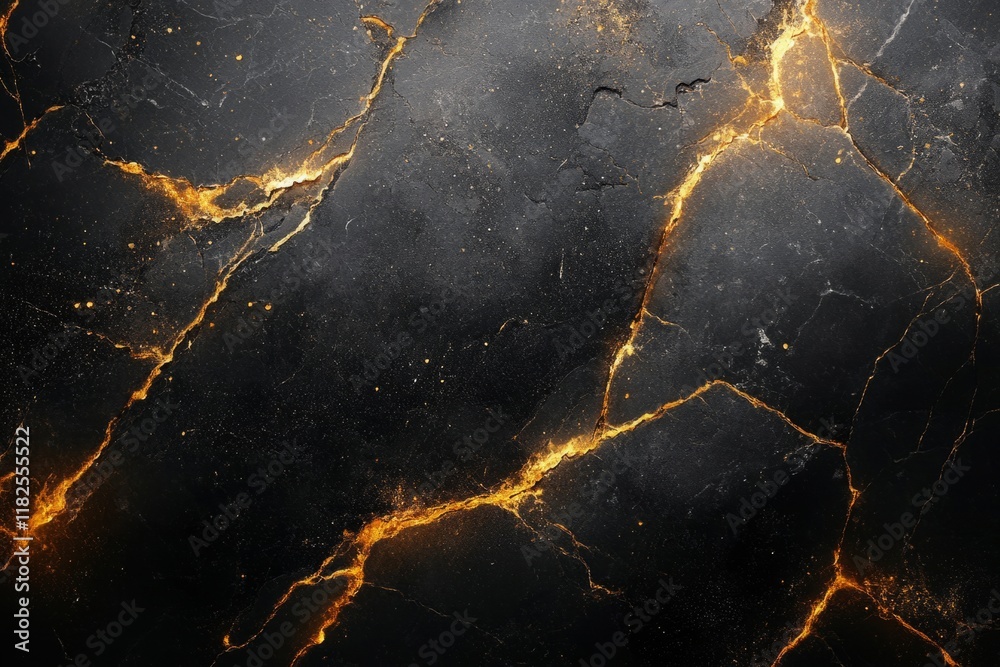 Wall mural Black marble surface featuring glowing golden cracks and particles, creating a luxurious and elegant abstract background