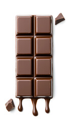 Obraz premium Pieces of melted chocolate bar with dripping drops isolated on white background