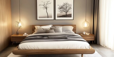 Modern minimalist bedroom, low platform bed, warm wood tones, pendant lights, nature-inspired wall art, beige walls, cozy bedding, sleek design, zen atmosphere, muted colors, clean lines, Japanese-ins
