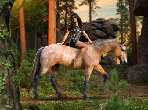 A beautiful woman rides a horse bareback in a magical forest during sunset