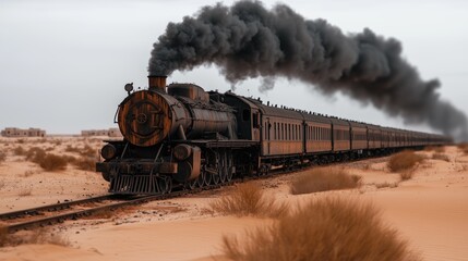 Naklejka premium vintage steam locomotive pulls a long train through an arid desert landscape, emitting thick smoke into the cloudy sky. Dusty terrain surrounds the railway, creating an atmospheric scene
