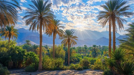 Obraz premium Palm trees bask in sunlight over a lush oasis with distant mountains during golden hour
