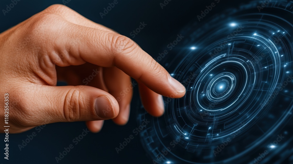 Poster hand reaches towards a futuristic digital interface filled with glowing elements and circular patter