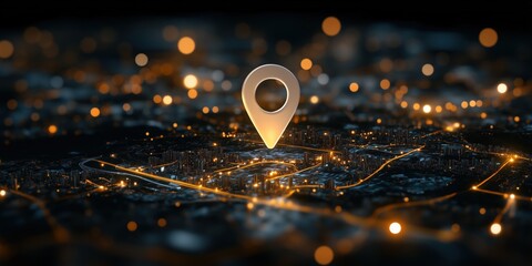 Location pin over glowing map at night in futuristic city. Geolocation technology.