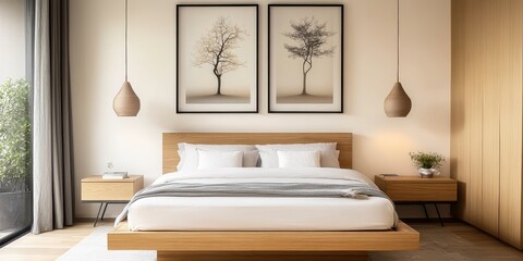 Minimalist bedroom interior, natural wood platform bed, white bedding, cream walls, framed botanical prints, pendant lights, dried floral arrangement, Scandinavian design, soft neutral tones, serene a