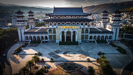 Drone view of a Shadian Shadianzhen mosque in Yunnan, China. Golden hour.