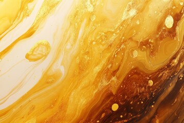 Gold and brown acrylic paint mixing, creating an abstract fluid art background with glittering particles