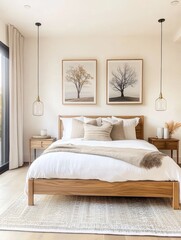 Fototapeta premium Minimalist bedroom interior, natural wood platform bed, white bedding, cream walls, framed botanical prints, pendant lights, dried floral arrangement, Scandinavian design, soft neutral tones, serene a