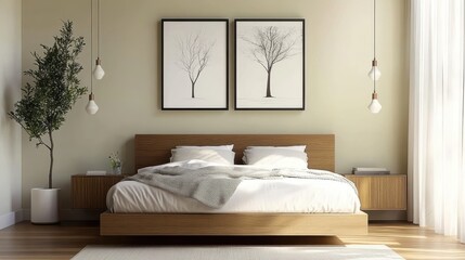 Minimalist bedroom interior, natural wood platform bed, white bedding, cream walls, framed botanical prints, pendant lights, dried floral arrangement, Scandinavian design, soft neutral tones, serene a