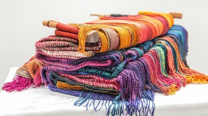 Vibrant handwoven textile display with multicolored scarves