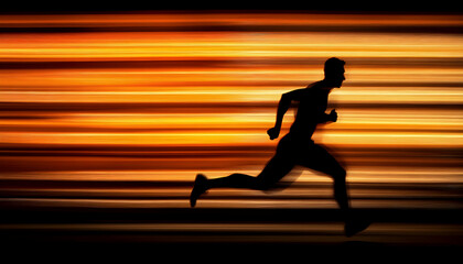 Silhouette of a male athlete running at high speed, captured with motion blur  -