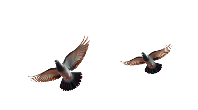 Photo of Flying pigeons. Flock (flight) of birds isolated on transparent background