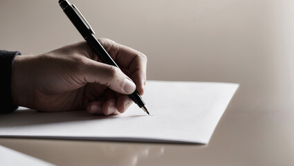 Fototapeta premium Closeup view of a hand holding a pen while writing on blank paper in a minimalist setting